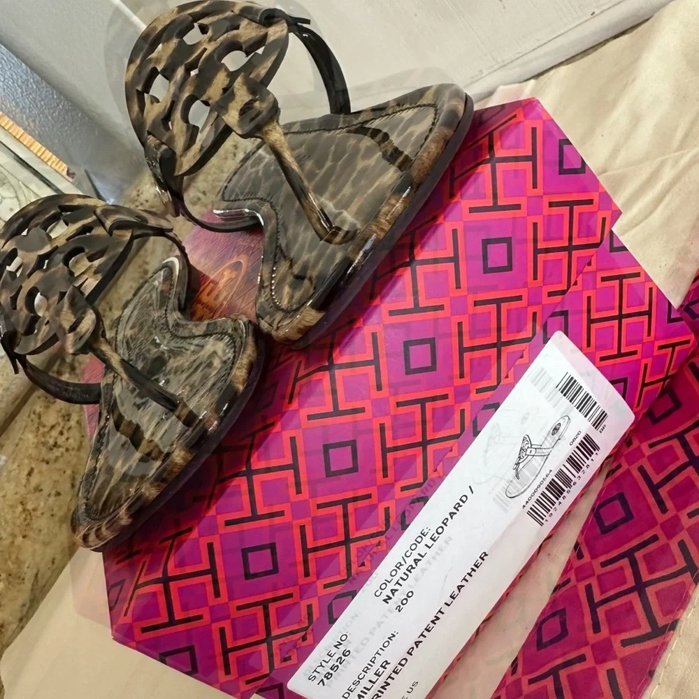 New tory Burch miller patent leopard printed sandals